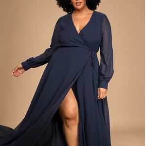 Lulus - My Whole Heart Dark Navy Blue Long Sleeve Wrap Dress